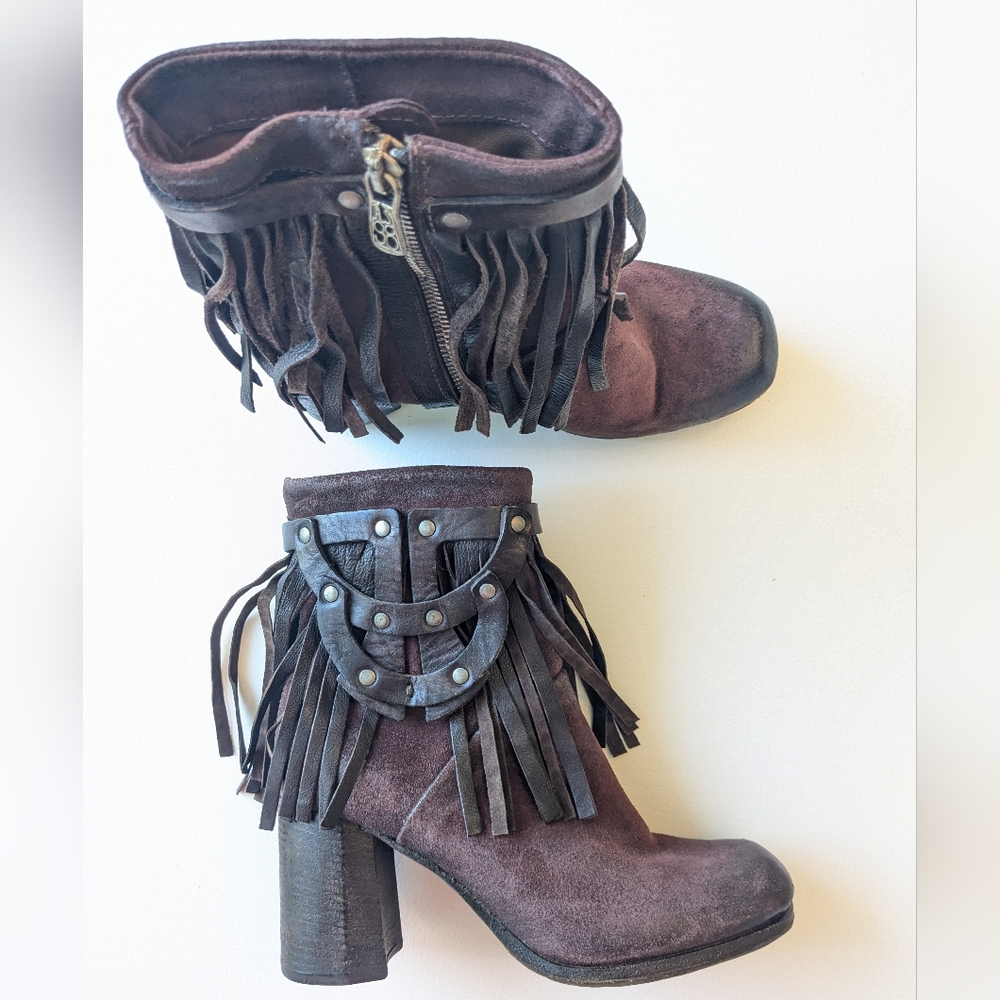 A.S.98 Burgundy Fringed Ankle Boots - Picture 1 of 12